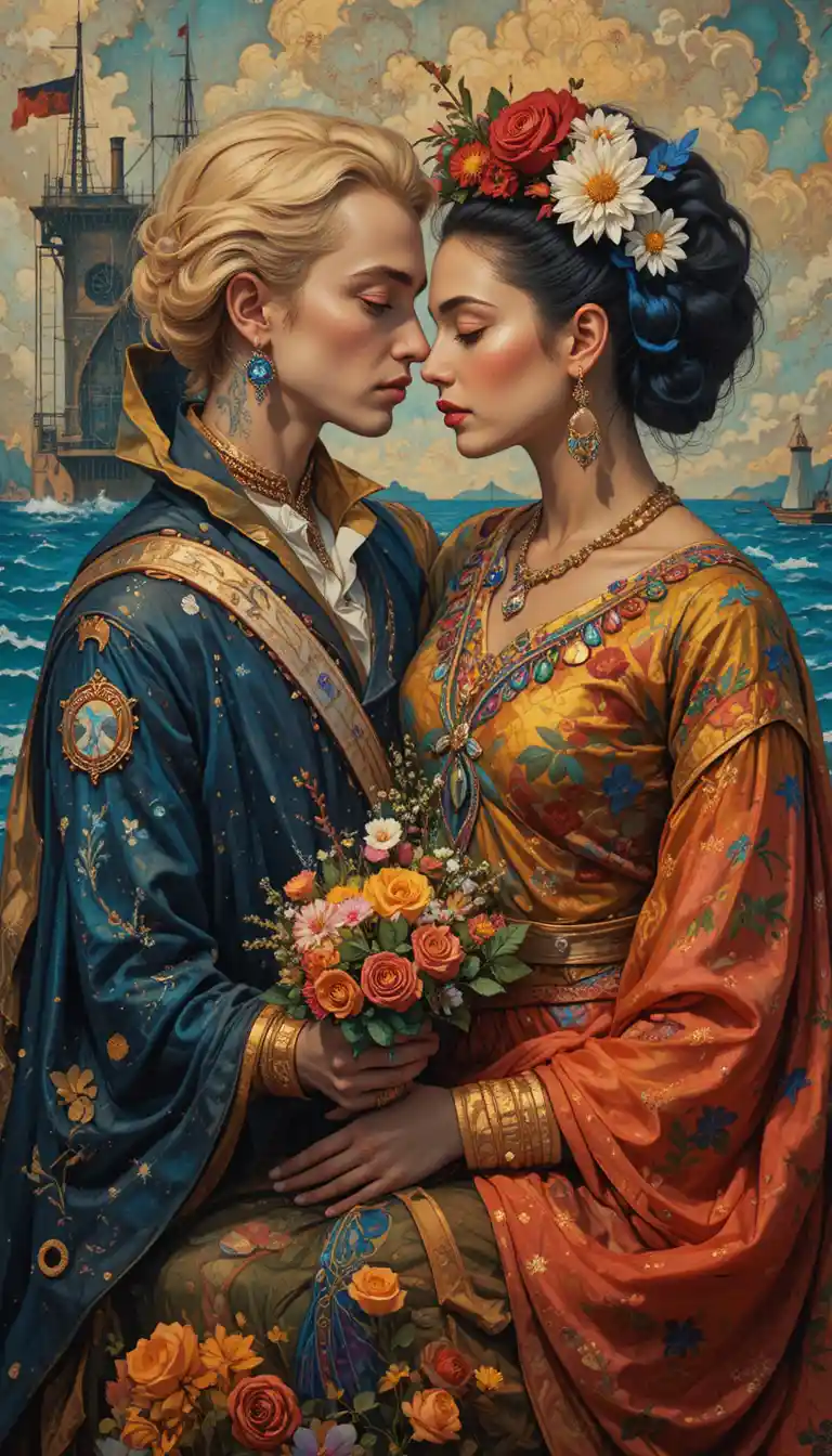 Passionate lovers reunited in a dreamlike afterlife embrace