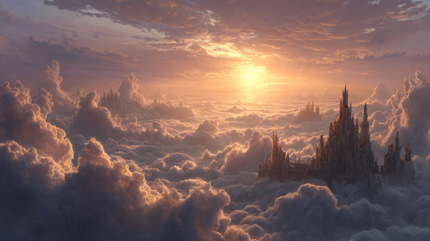 Sunlit fantasy towers rising above an endless cloud sea