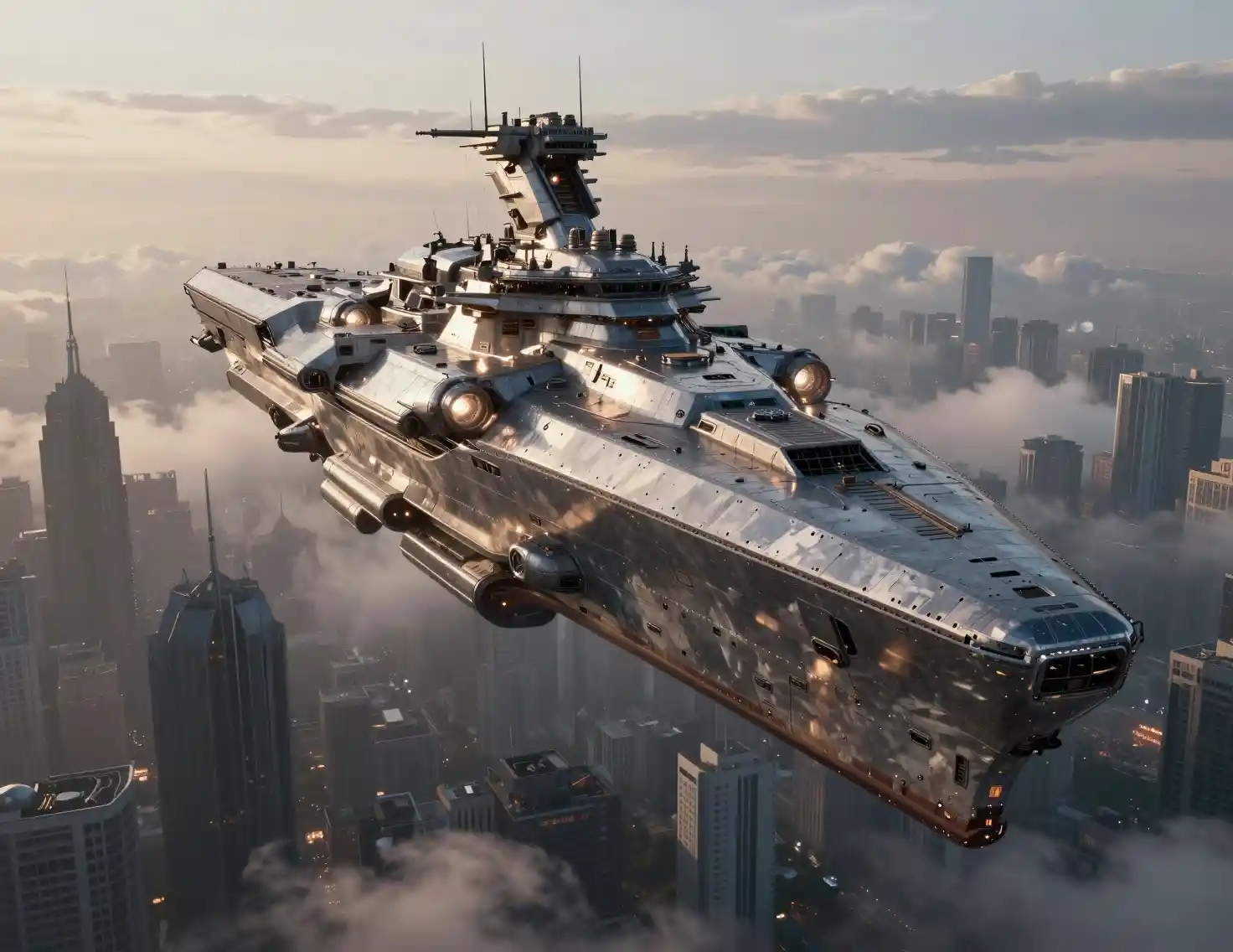 Futuristic warship hovering above a hazy city at dusk