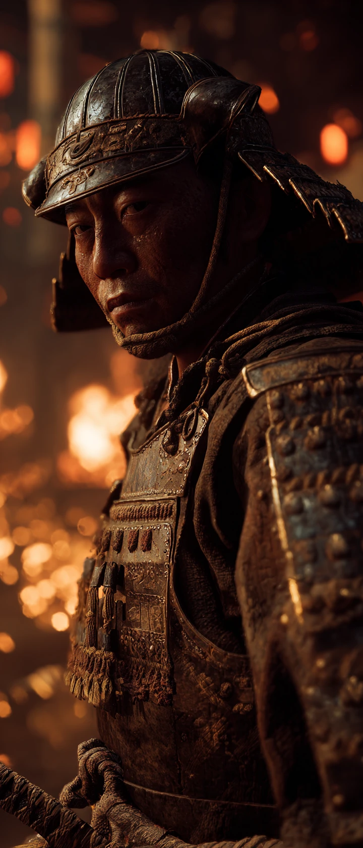 Weathered samurai in armor in dramatic smoky close up
