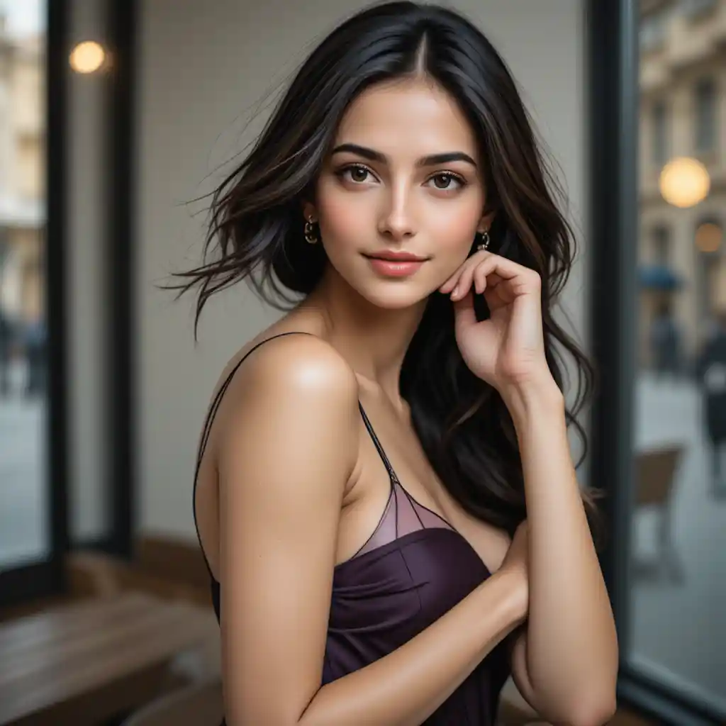 Confident young woman in red lipstick in modern apartment