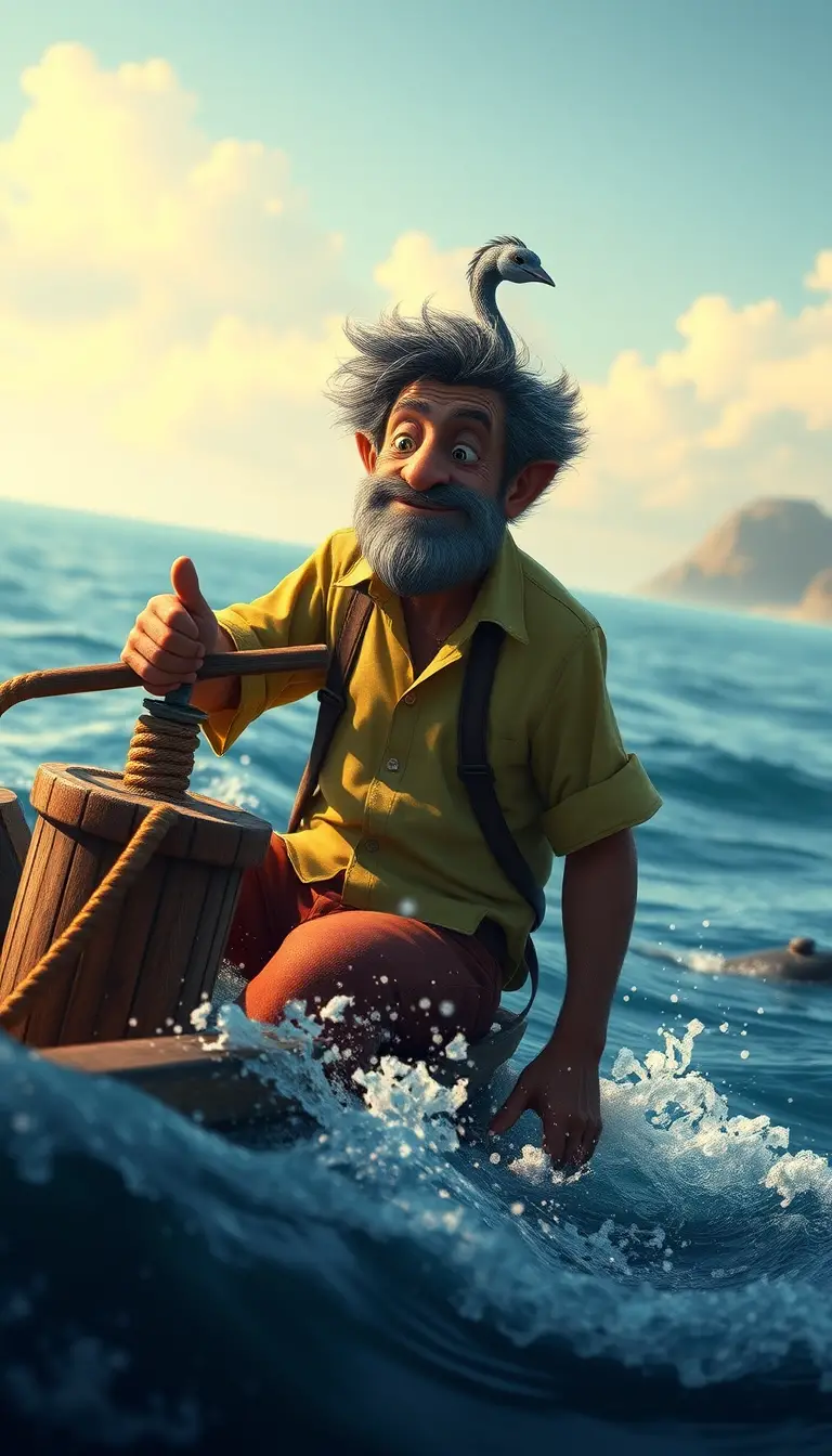Old fisherman alone at sea battling a hidden catch