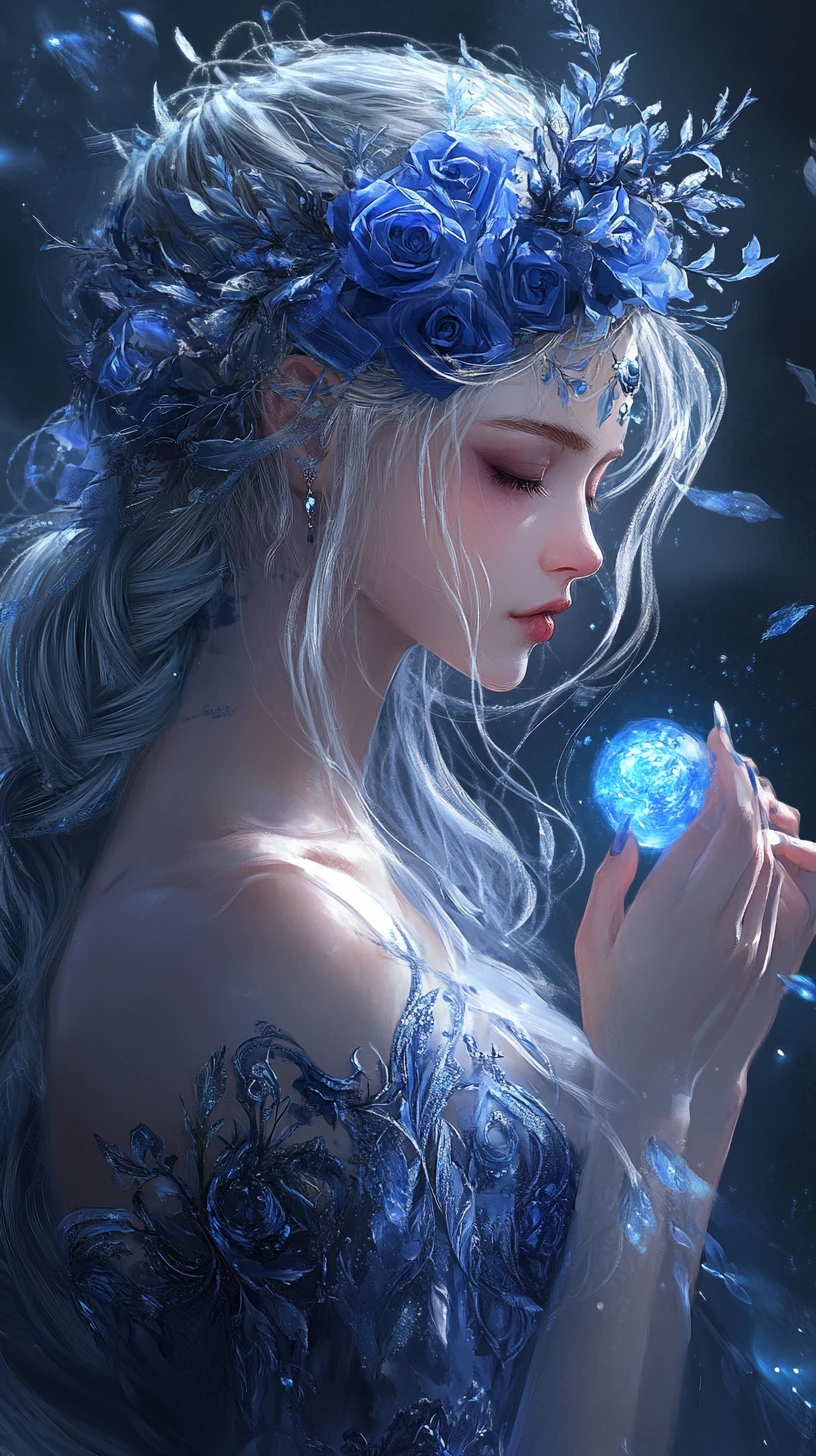 Maestosa dea fantasy dai capelli d’argento con aura blu luminosa