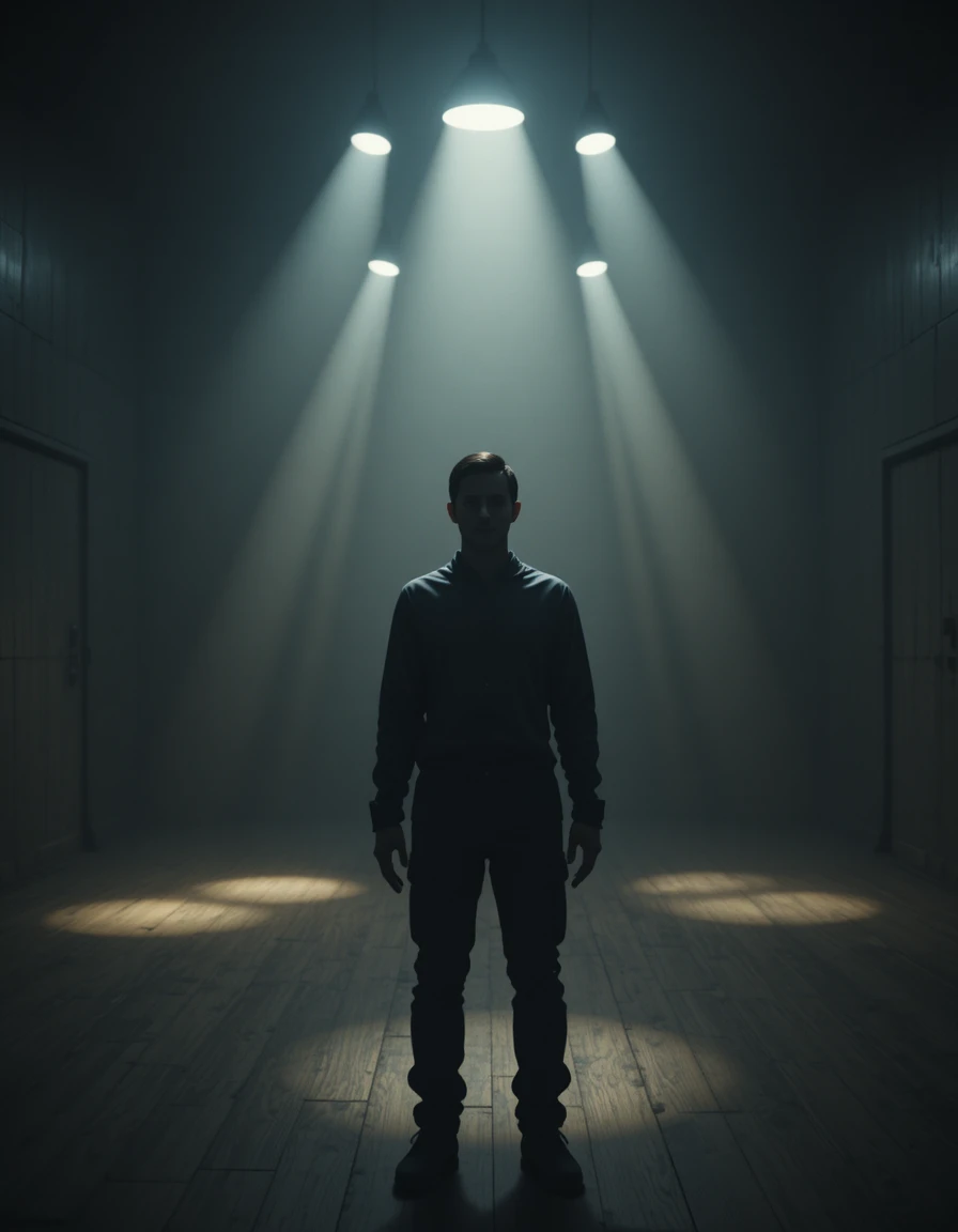 Lone figure in dim room staring directly at viewer