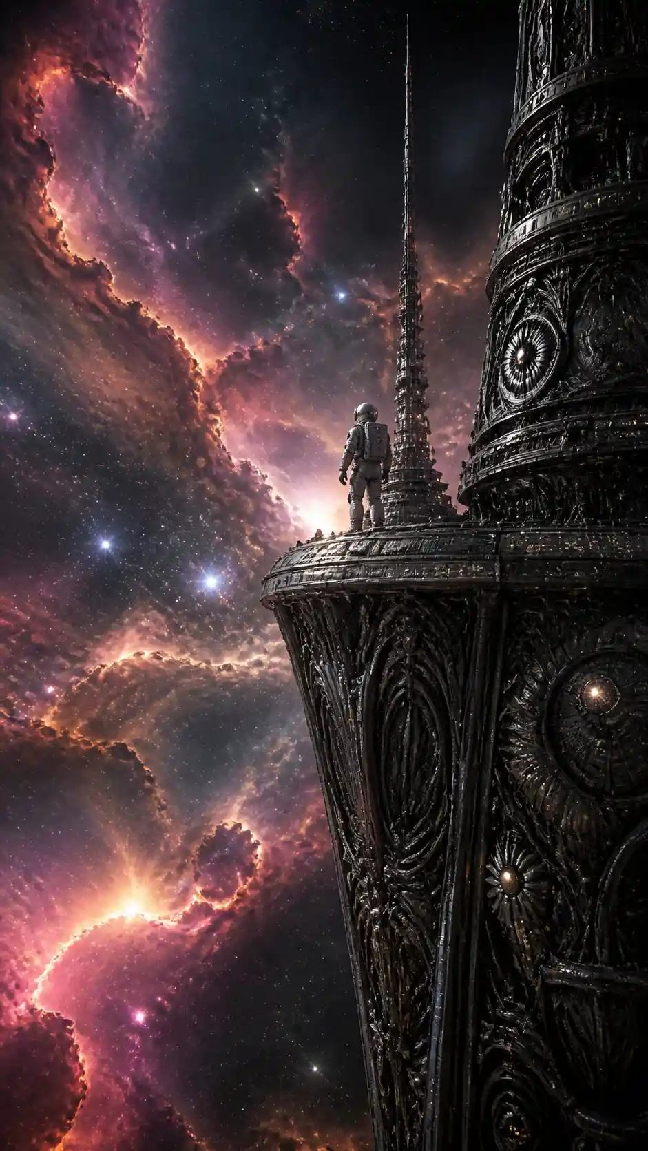 Astronaut On A Colossal Tower Above Vibrant Cosmic Nebulae