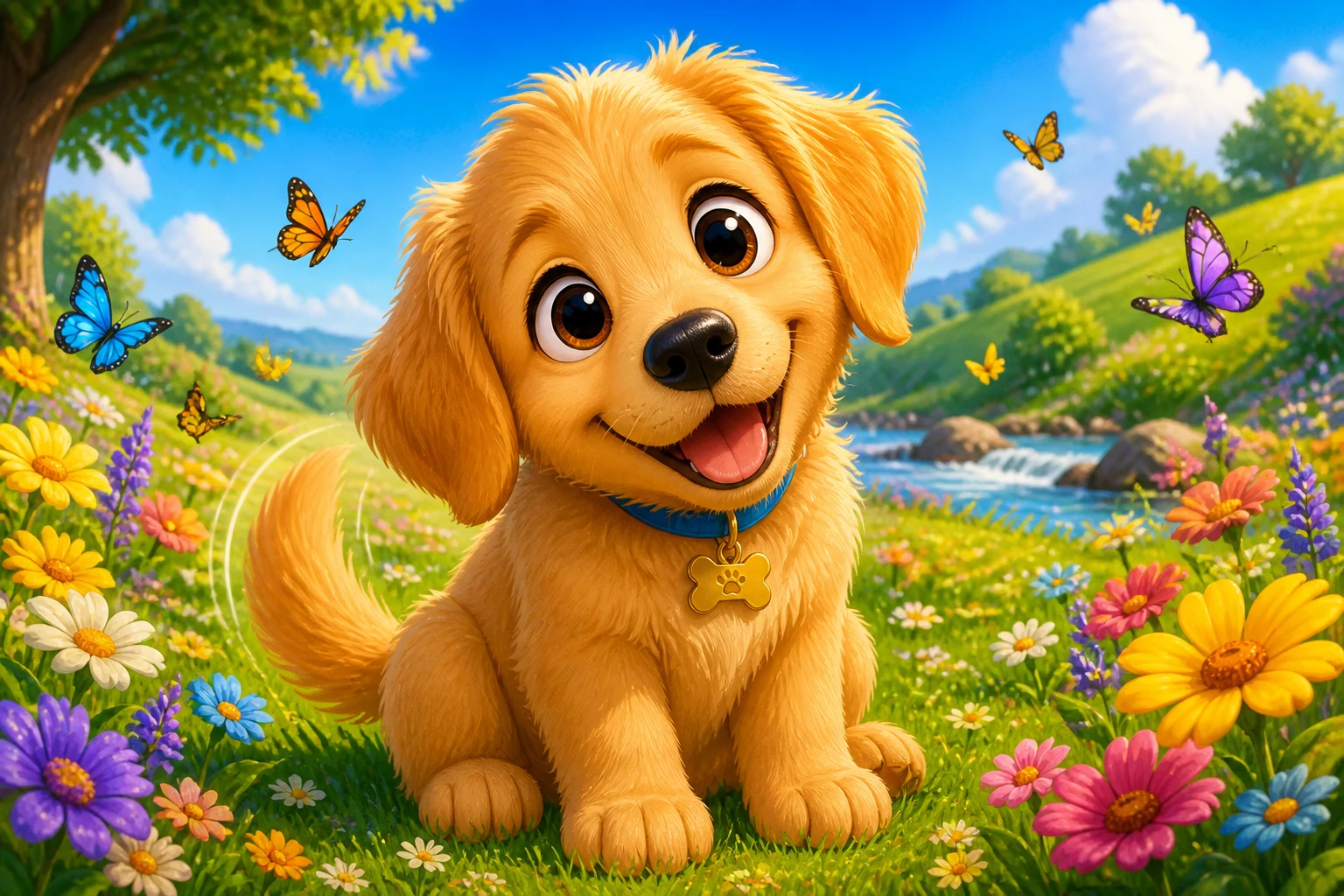 Cute golden retriever puppy in a colorful flower meadow