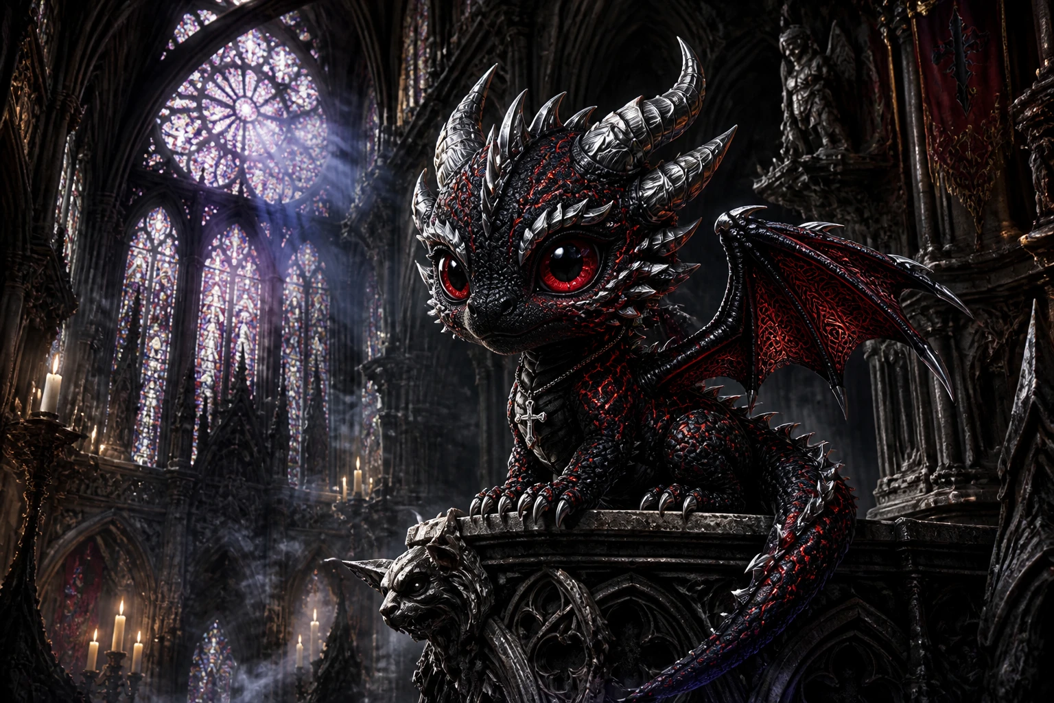 Chibi black dragon on gothic cathedral gargoyle ledge