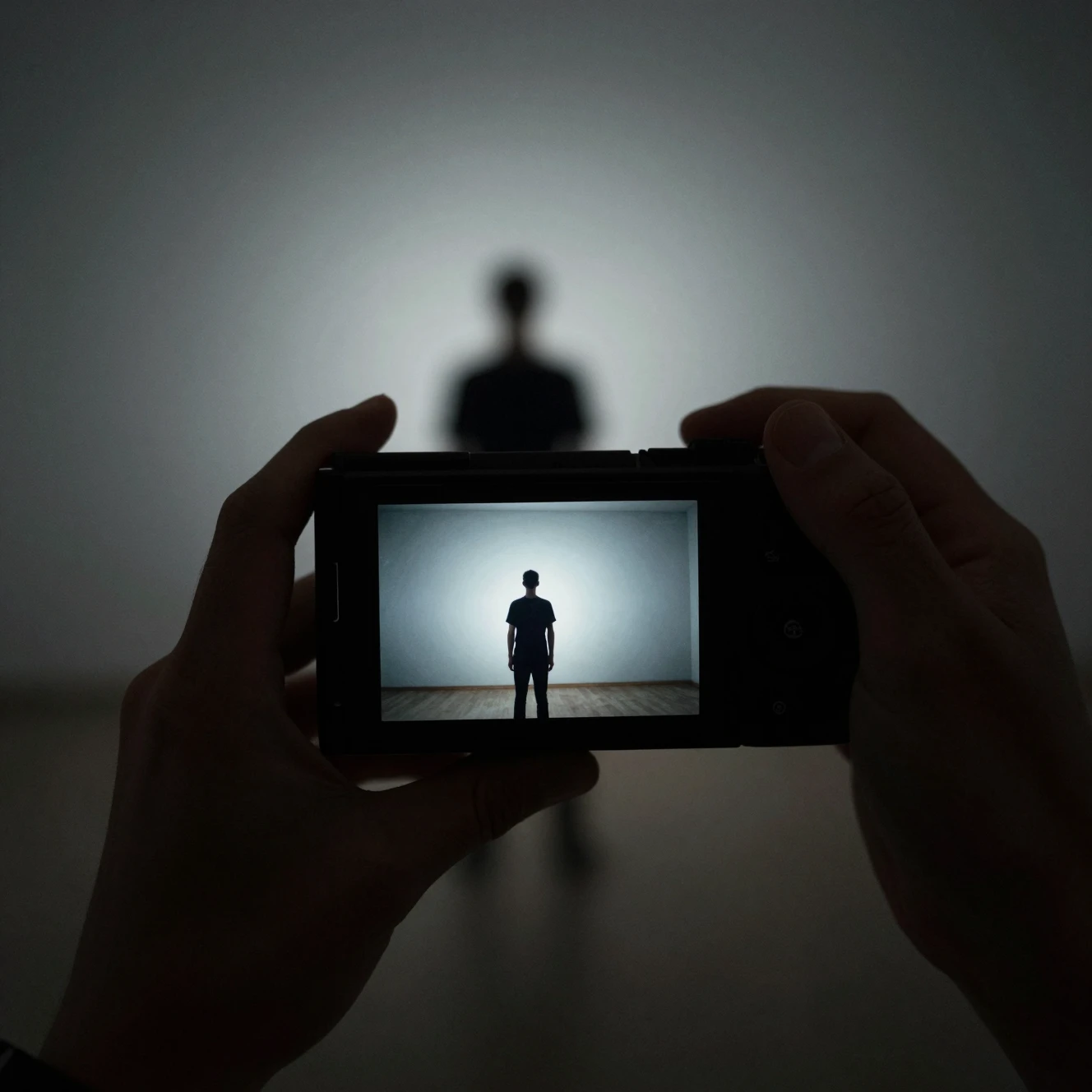 Photographer capturing a hidden figure in a dark room