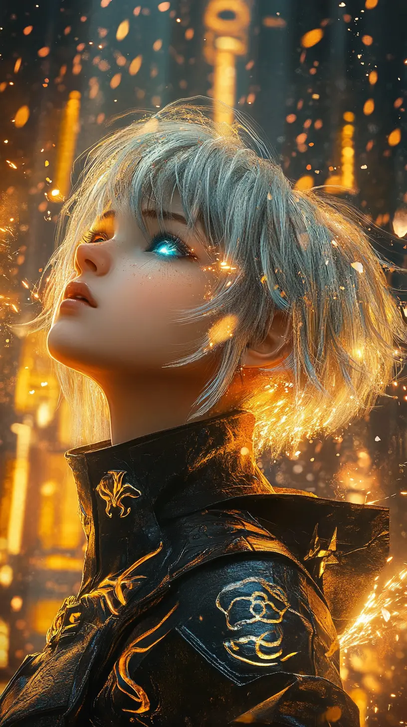 Golden eyed anime girl under mystical glowing sky