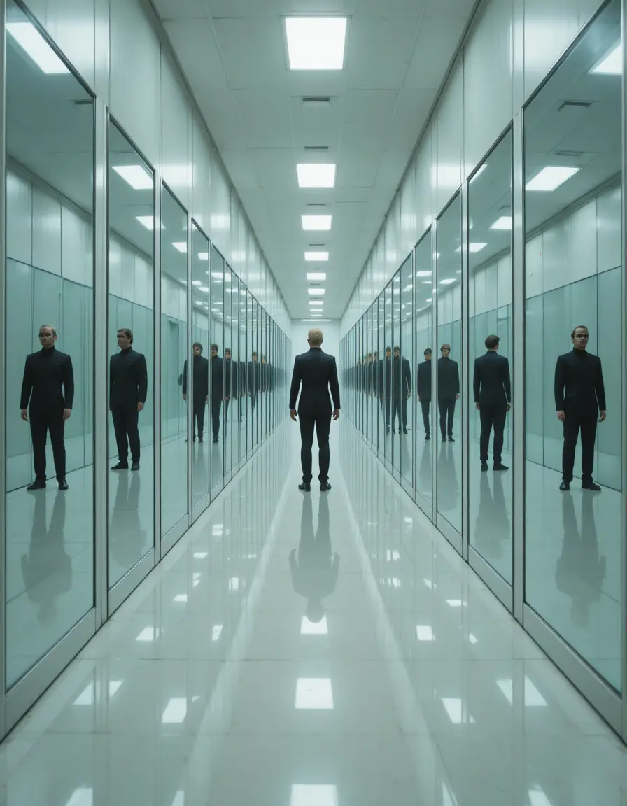 Endless mirrored hallway with a figure in every reflection