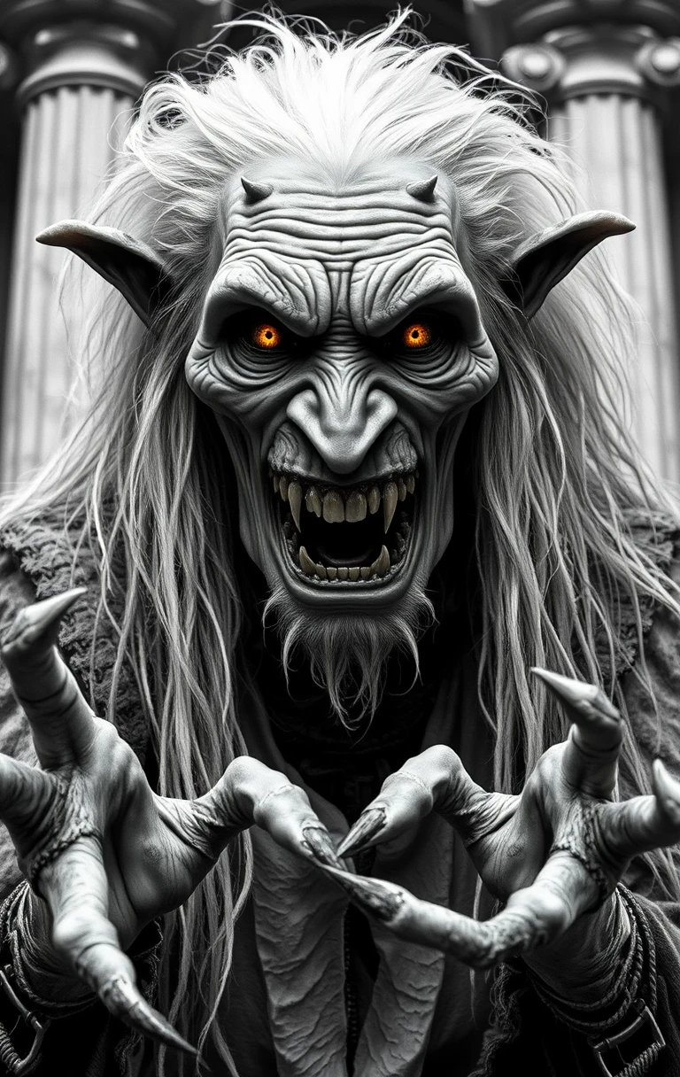 Creepy pale hag reaching forward before stone columns