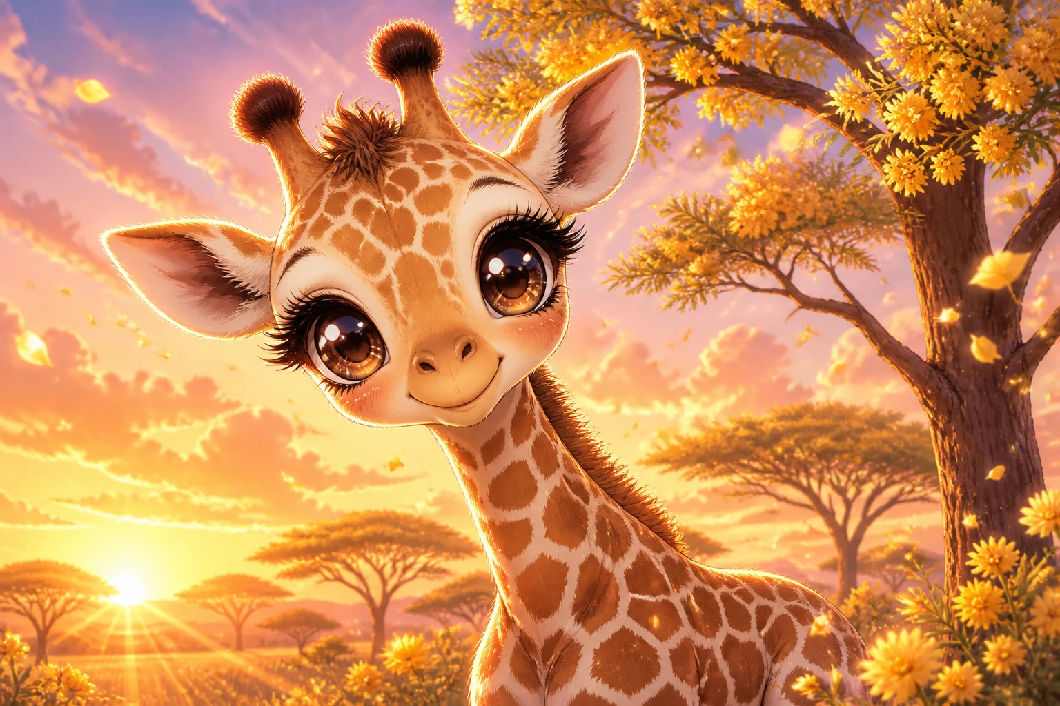 Cute anime baby giraffe beside acacia trees at sunset