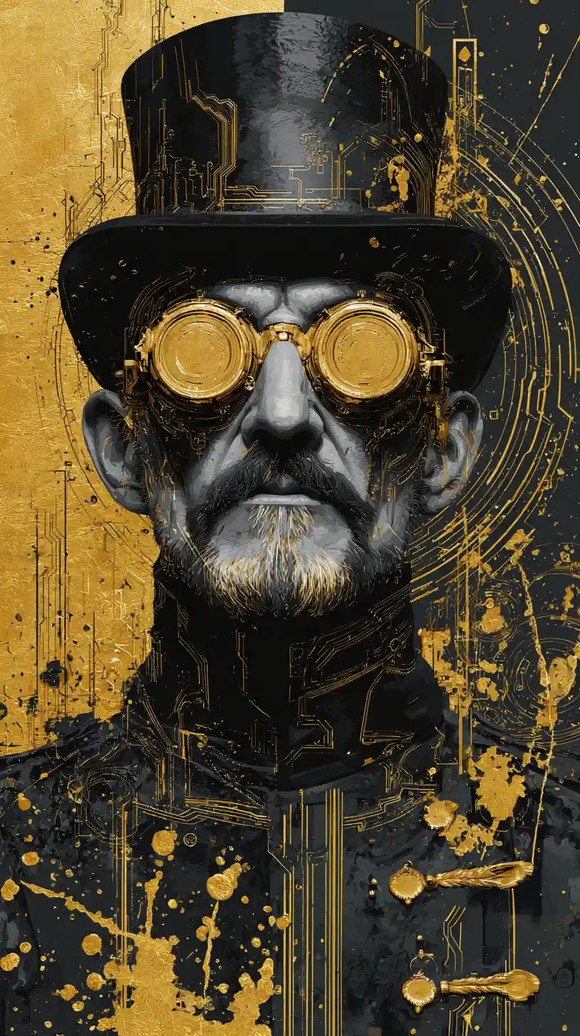 Golden bearded man in steampunk goggles against split gold and black
