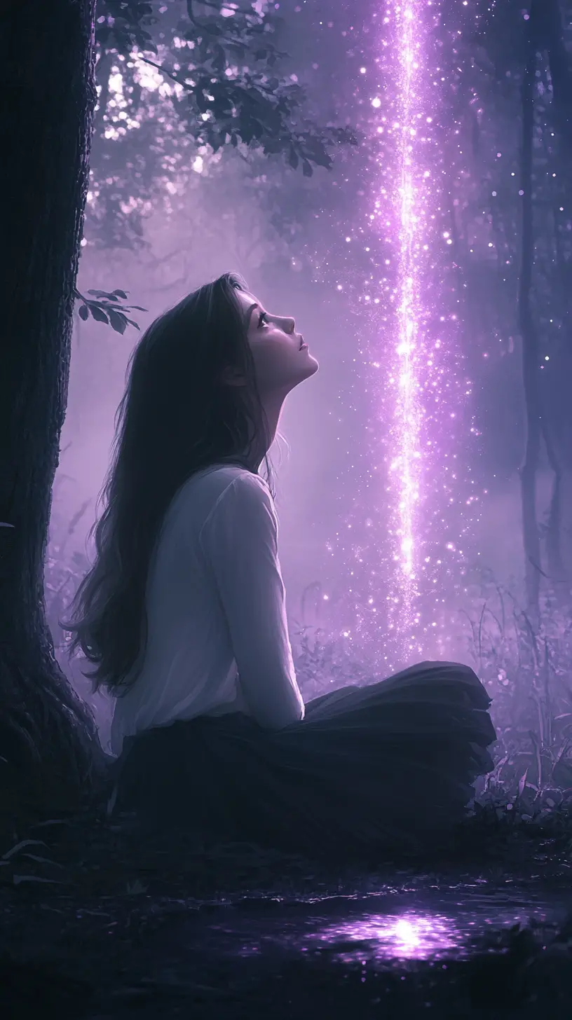 Girl in a misty forest gazing at radiant magical light