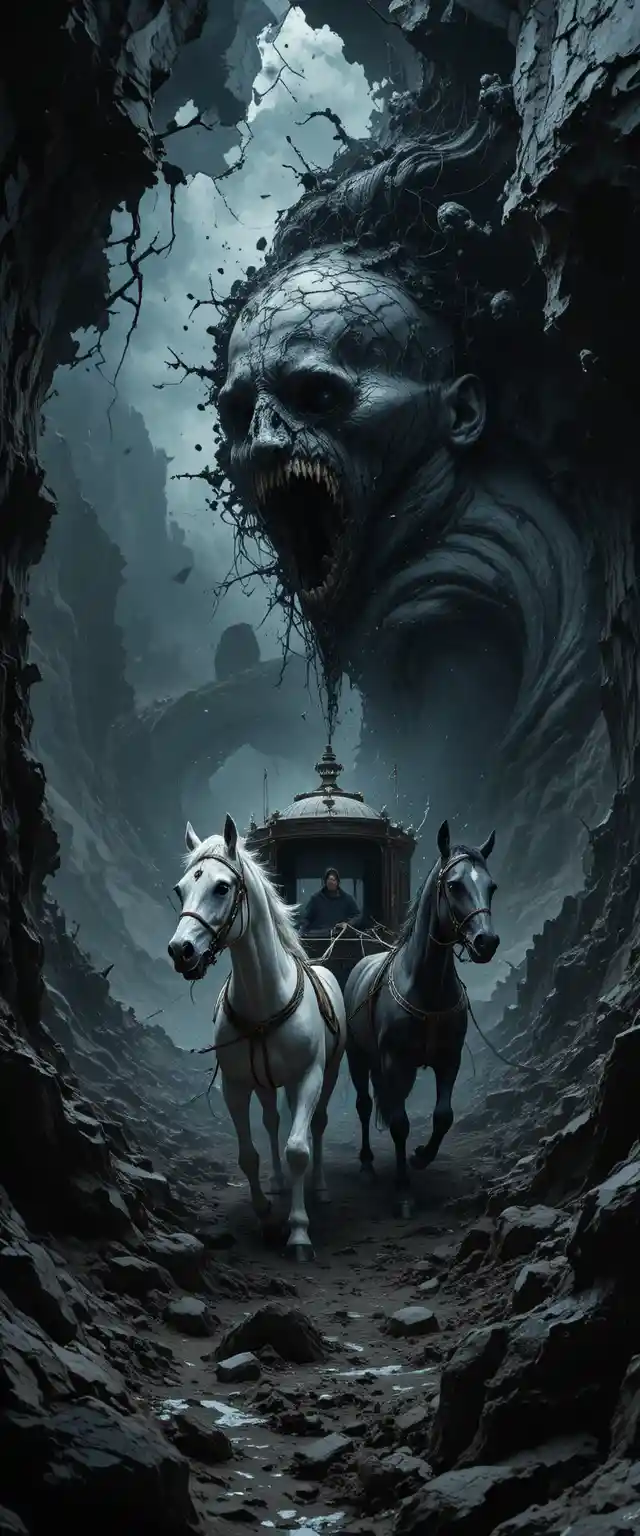 Surreal carriage racing through a dark fractured abyss