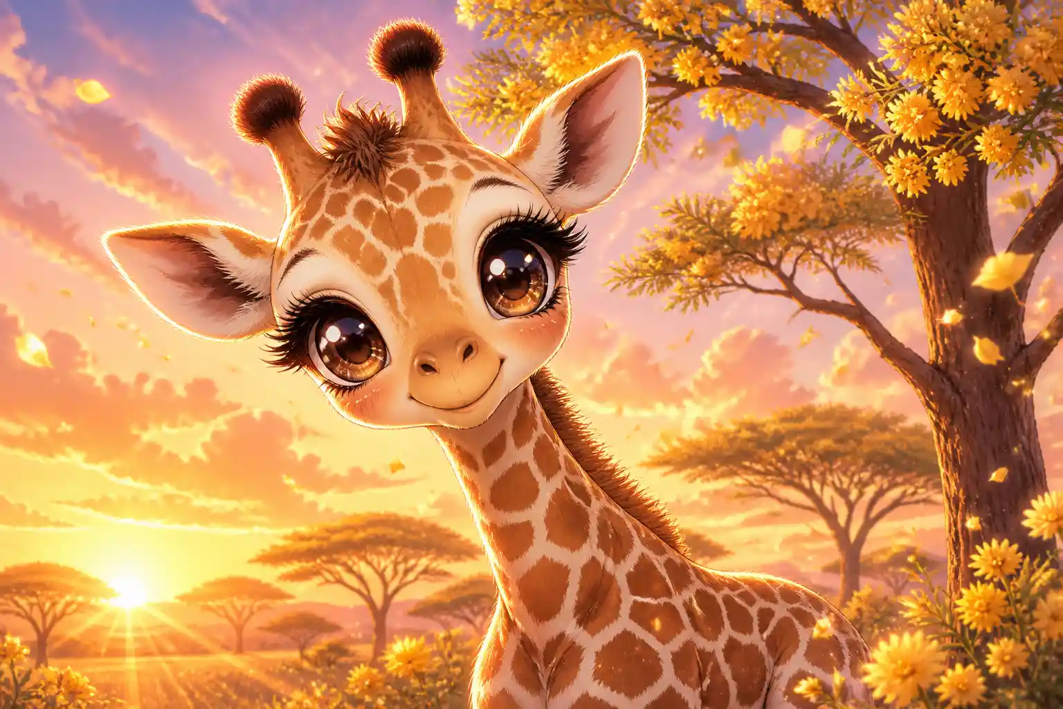Cute anime baby giraffe beside acacia trees at sunset