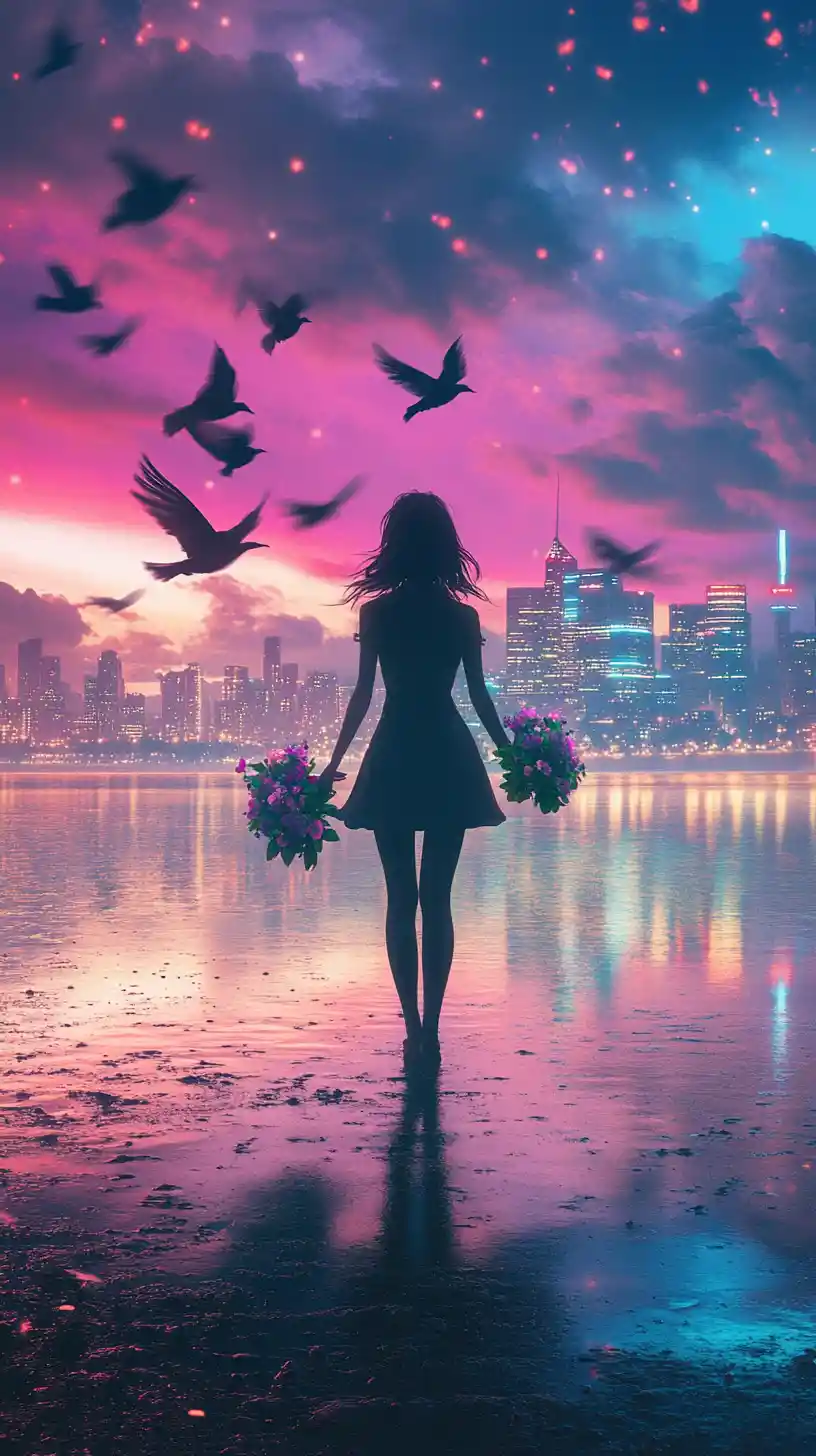 Solitary anime woman on neon shore facing distant city