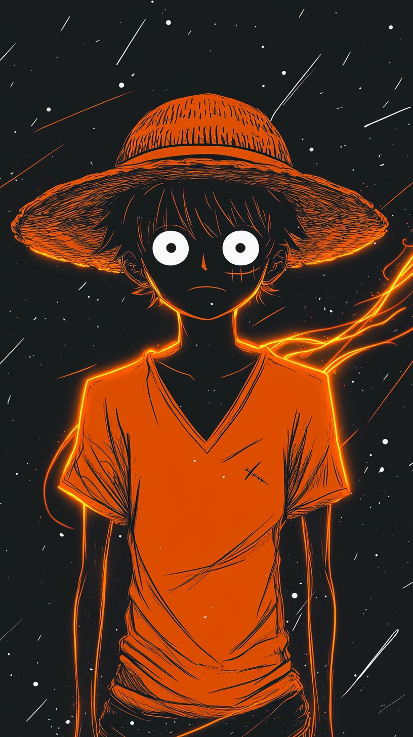 Neon anime swordsman with straw hat in cosmic darkness