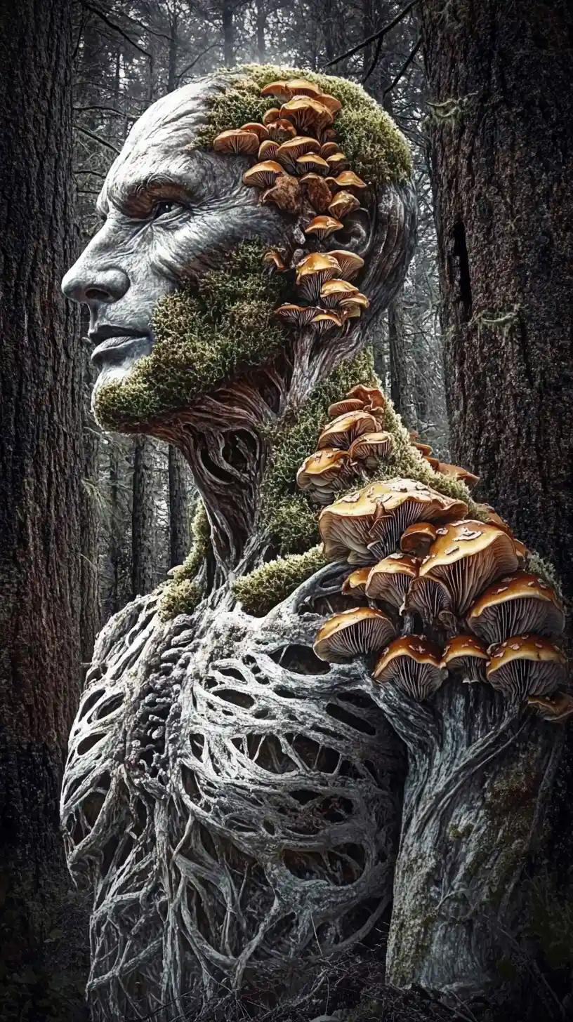 Mystical forest guardian with fungal skin among ancient trees