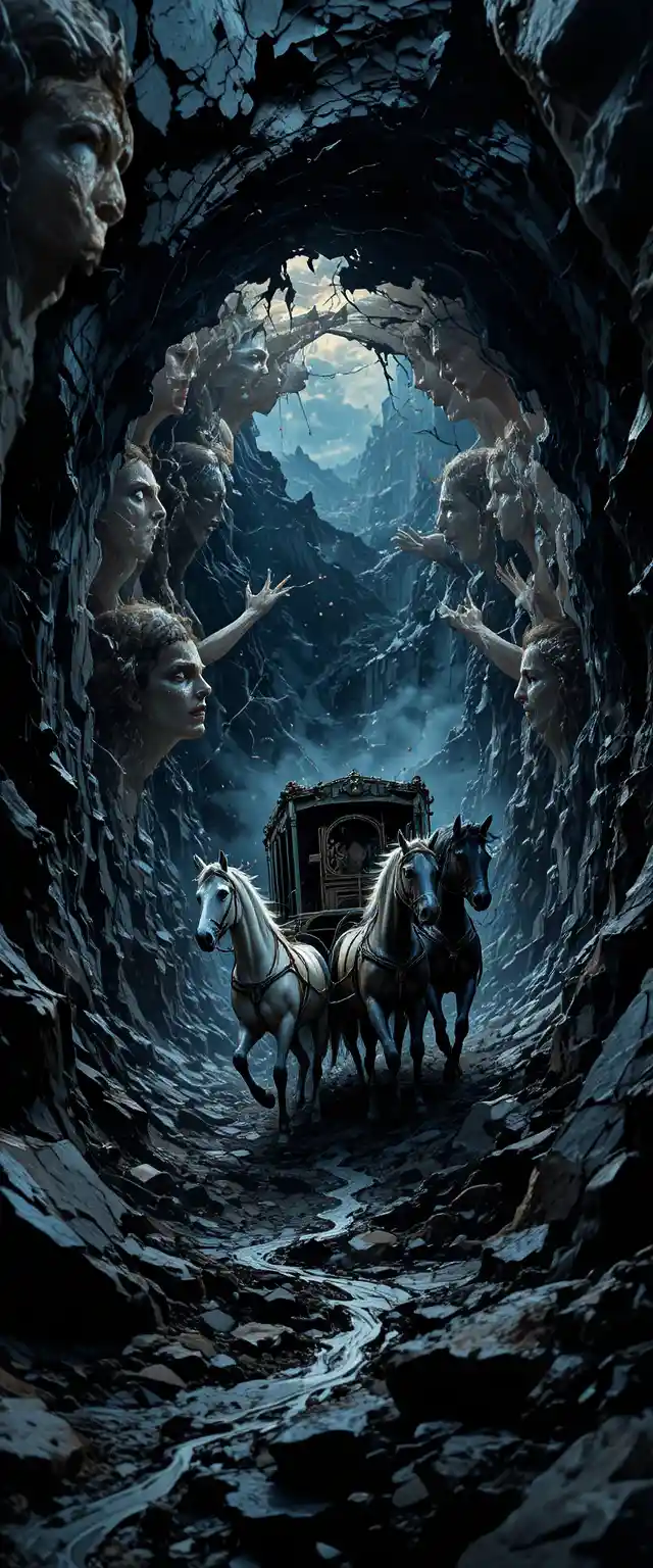 Surreal horse carriage racing through a fractured black void