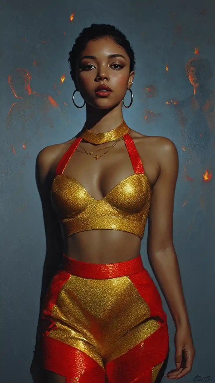 Athletic woman in gold latex suit on alien desert world