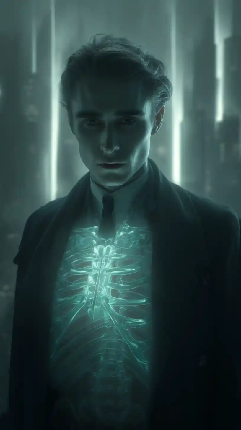 Man with glowing chest skeleton in cinematic digital portrait