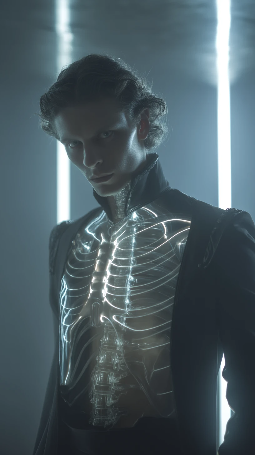 Man with glowing ribcage skeleton in dark fantasy portrait