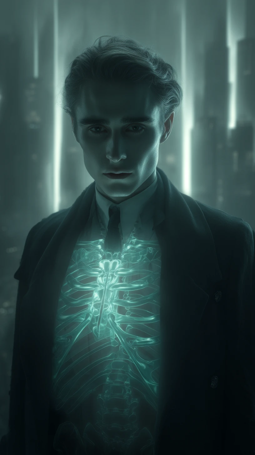 Man with glowing chest skeleton in cinematic digital portrait