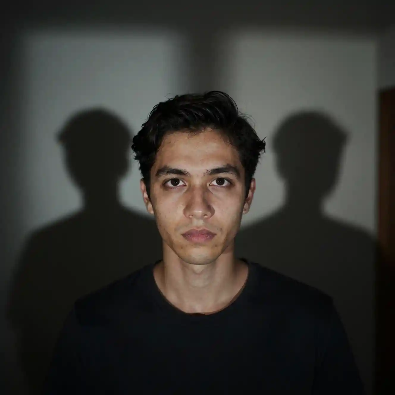 Figure in dimly lit room staring directly at the viewer