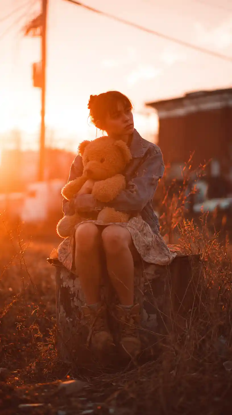 Sad young woman clutching teddy bear at urban sunset