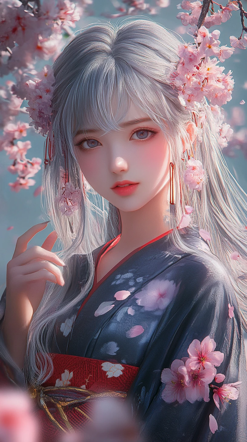 Silberhaariges Anime-Mädchen im Blumen-Kimono unter Kirschblüten