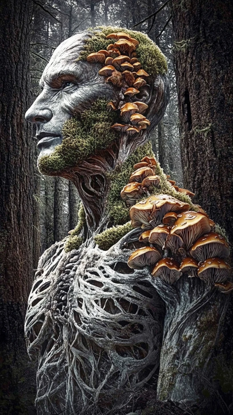 Mystical forest guardian with fungal skin among ancient trees