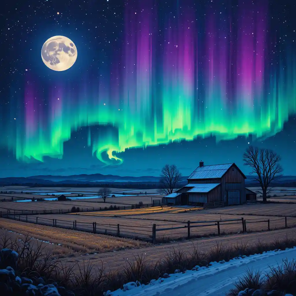 Moonlit Saskatchewan farm beneath aurora filled winter sky