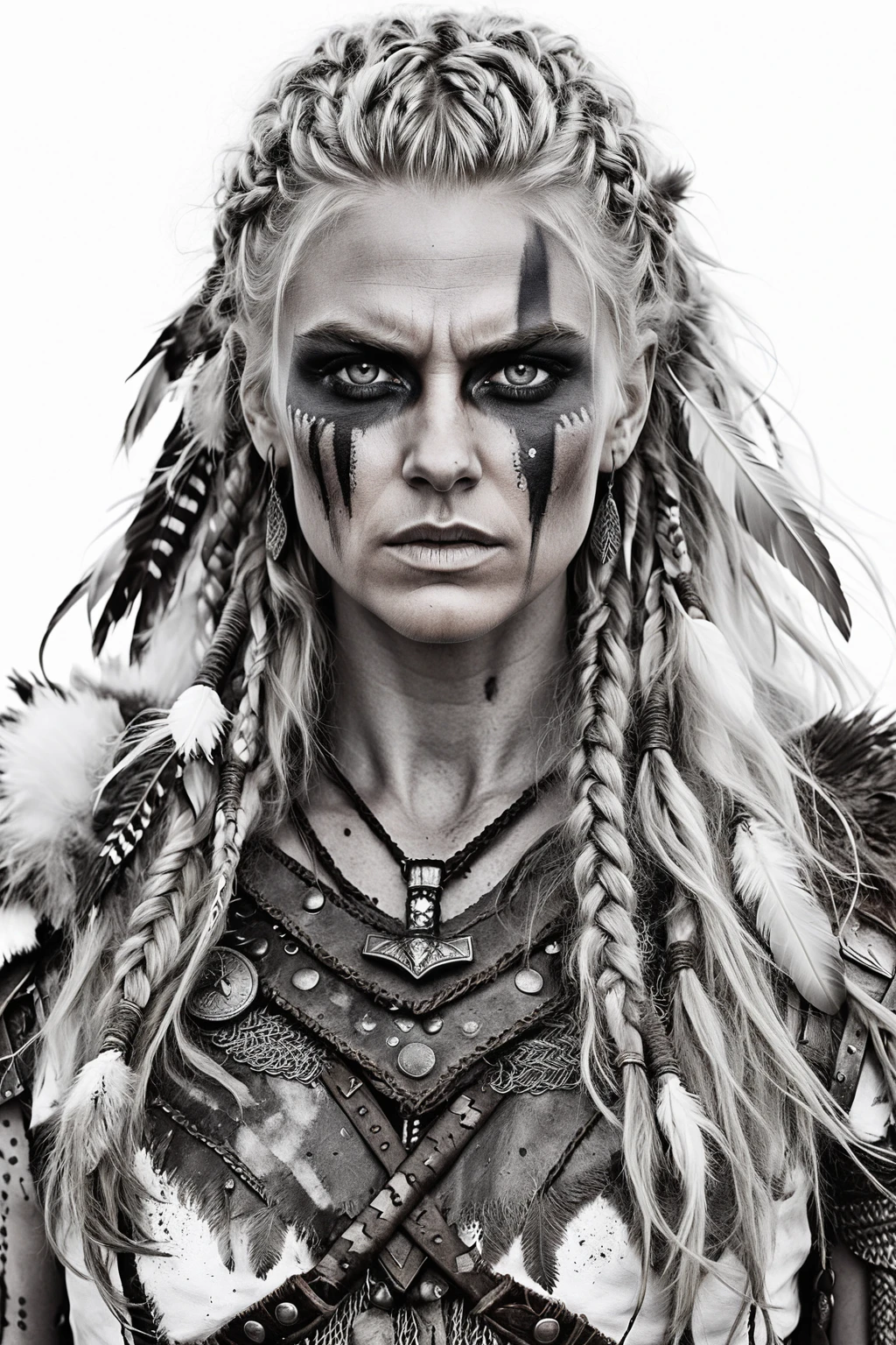 Fierce viking warrior woman in black and white close up