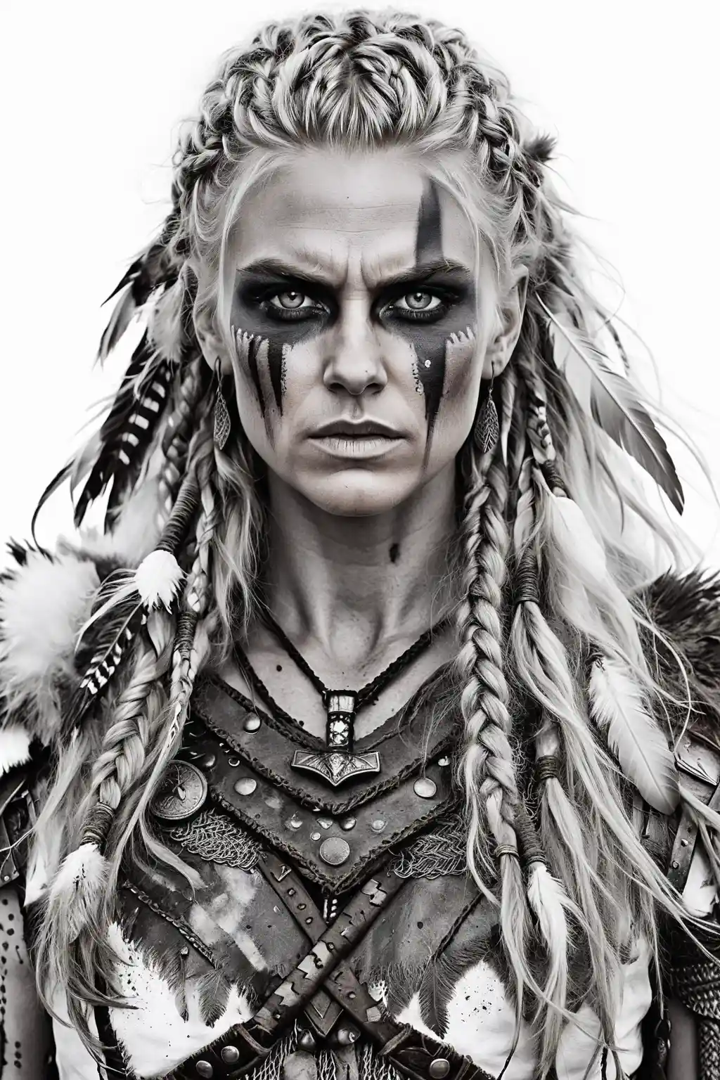 Fierce viking warrior woman in black and white close up