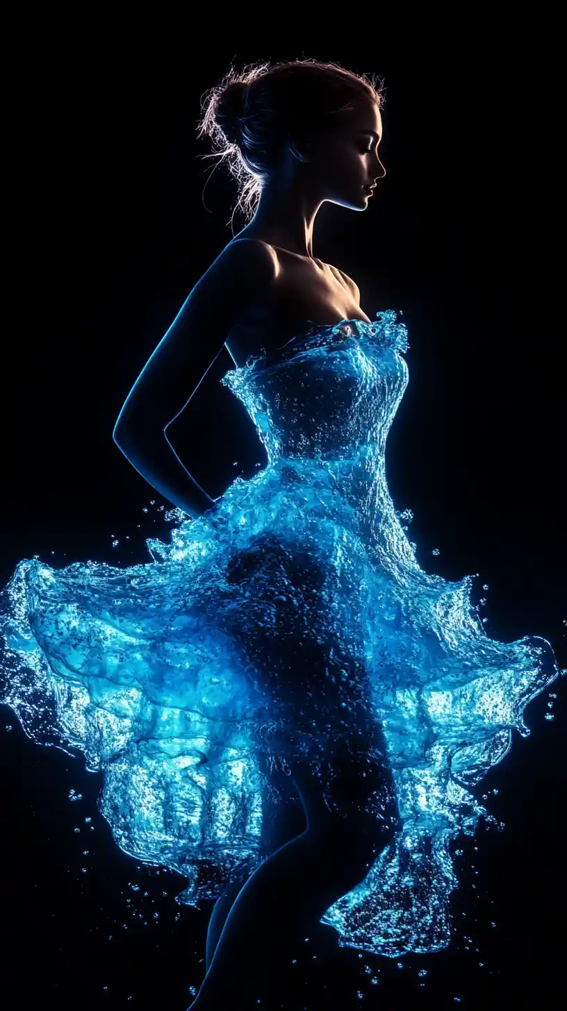 Woman in glowing blue water dress against black background