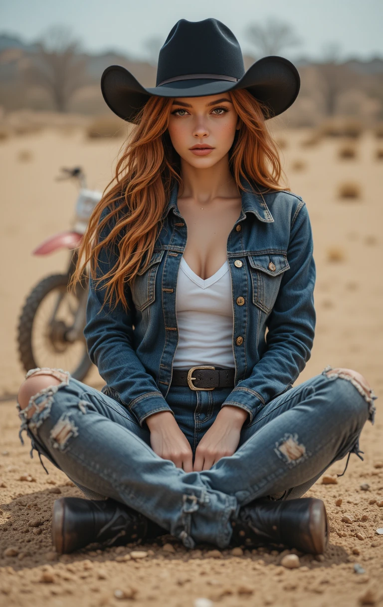 Red haired cowgirl relaxing in the desert with dirt bike