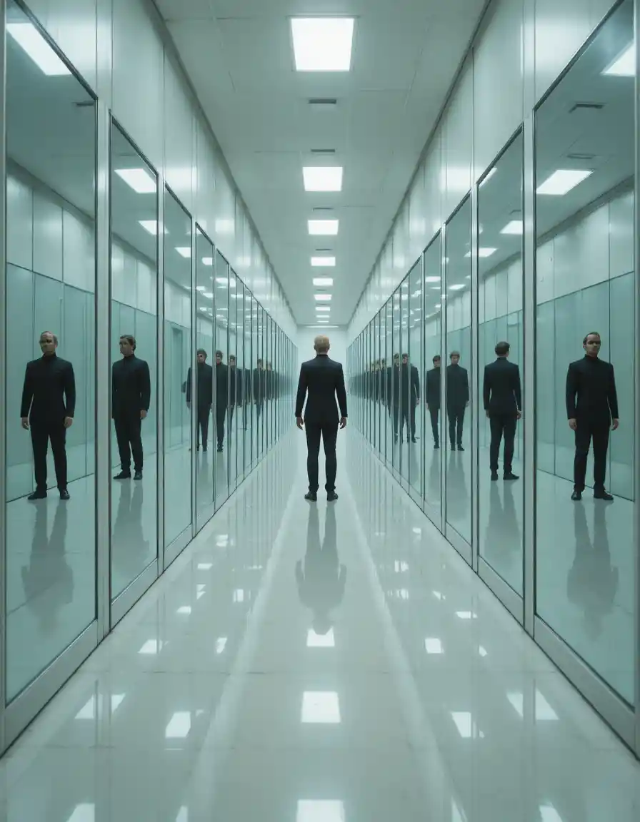 Endless mirrored hallway with a figure in every reflection