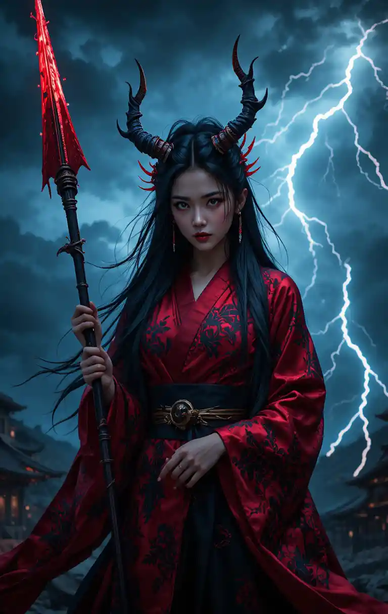 Demonic warrior woman in kimono under raging lightning sky