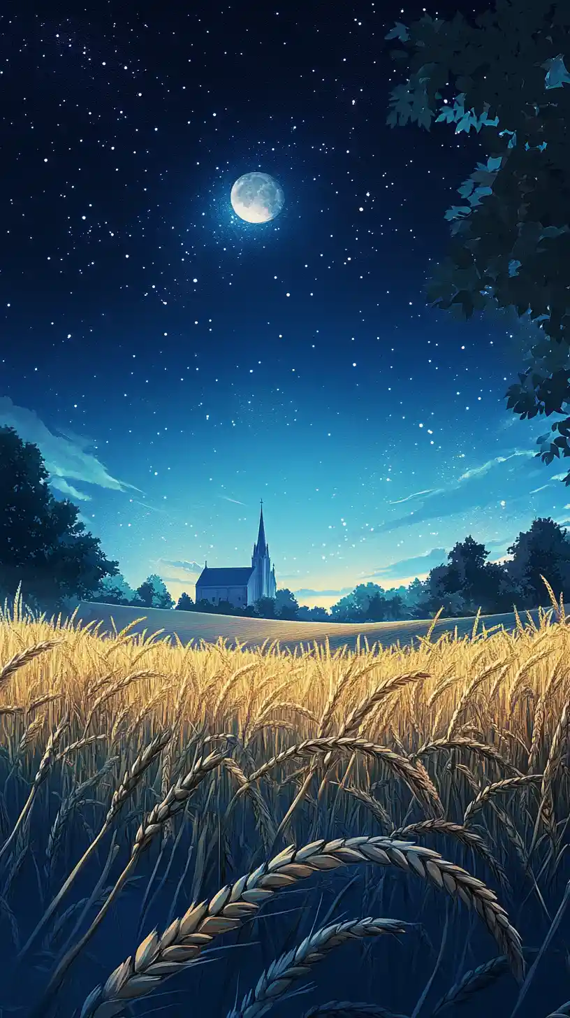 Moonlit cathedral beyond a softly blurred wheat field