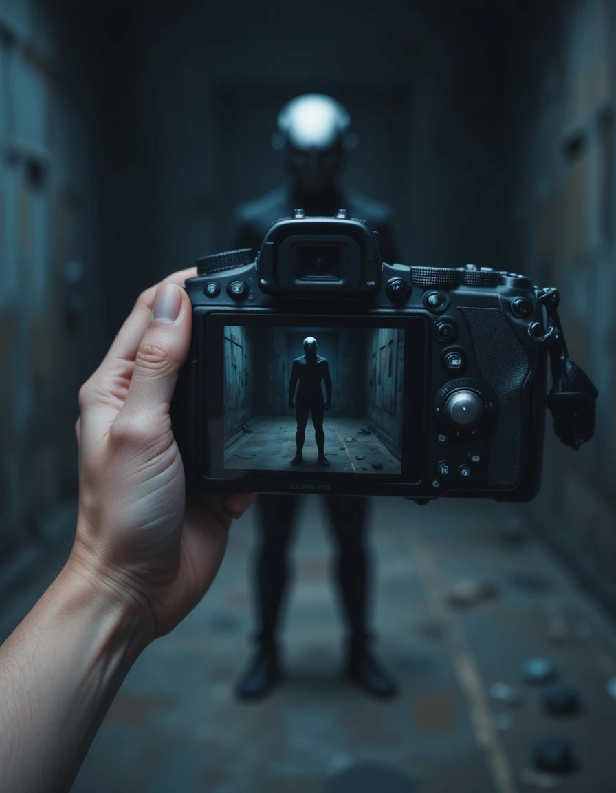 Person photographing an eerie figure revealed on camera screen