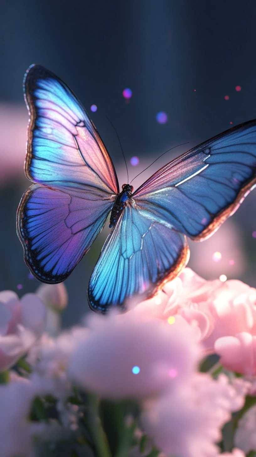 Iridescent butterfly on soft pink cosmos in moonlit garden