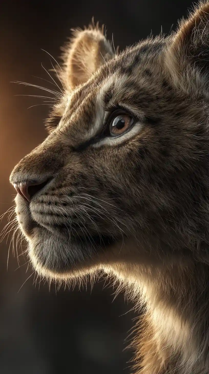 Primo piano cinematografico di un cucciolo di leone alla luce dorata del sole