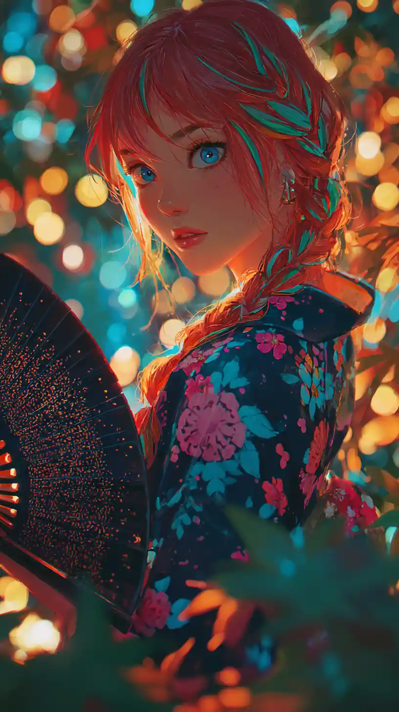 Anime-Mädchen im Blumen-Kimono mit Fächer im leuchtenden Garten