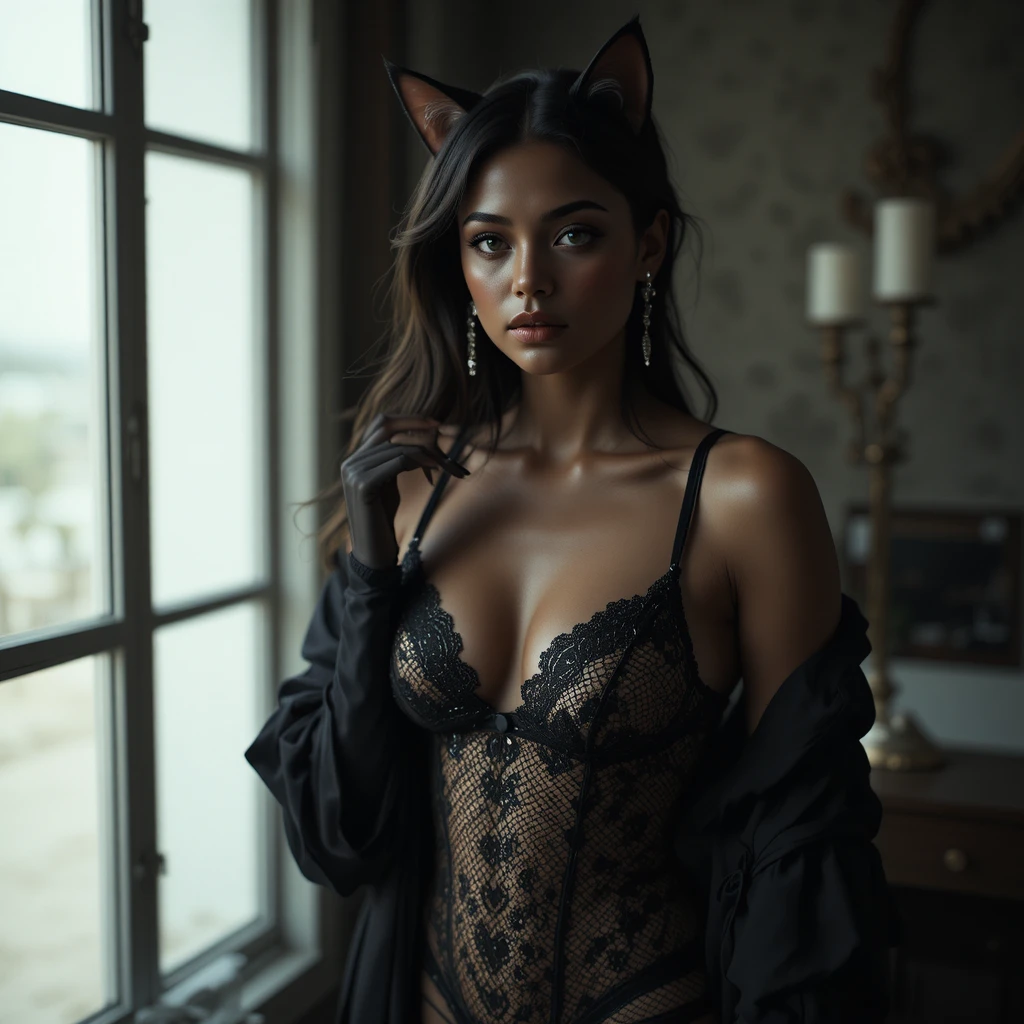 Anthropomorphic black cat woman in lace lingerie boudoir pose