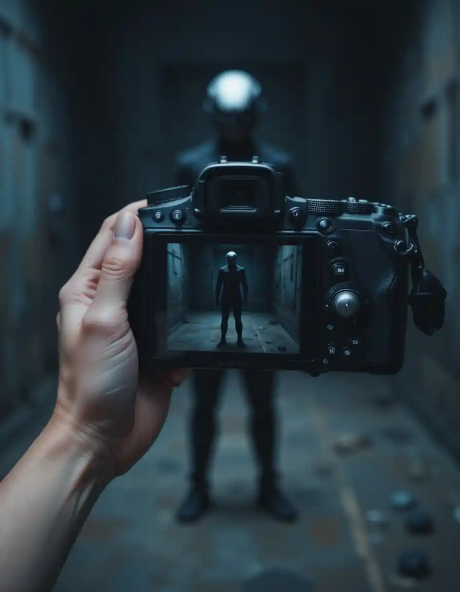 Person photographing an eerie figure revealed on camera screen