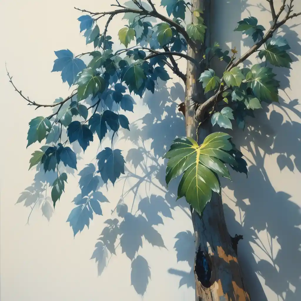 Low angle study of a tree with foreshortened leaves