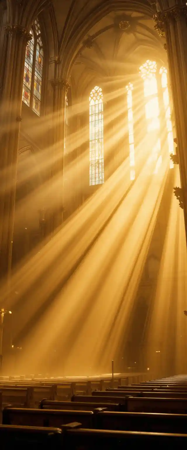 Golden sunlight streaming through misty cathedral windows