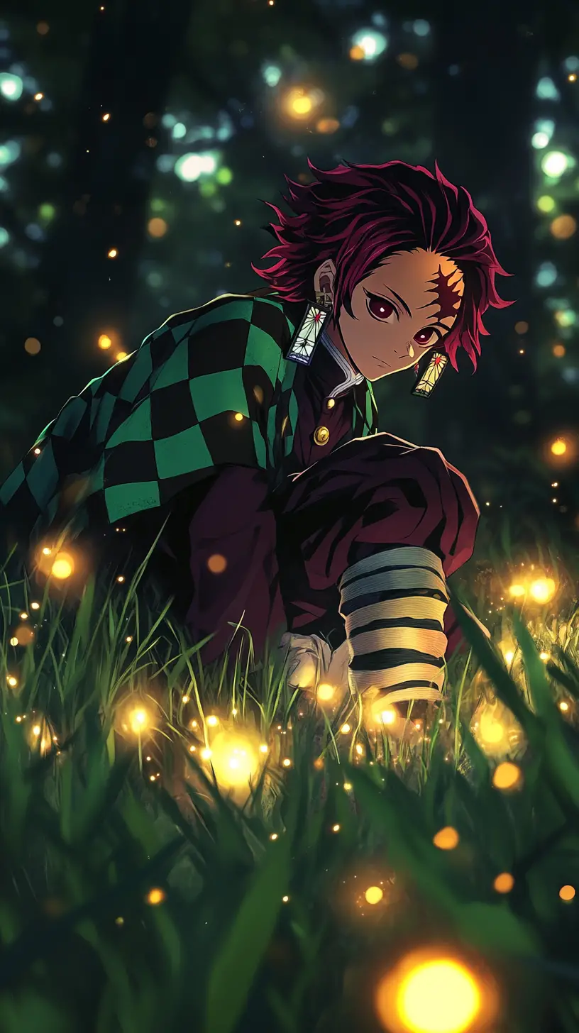 Ragazzo anime in una foresta luminosa circondato da sfere dorate