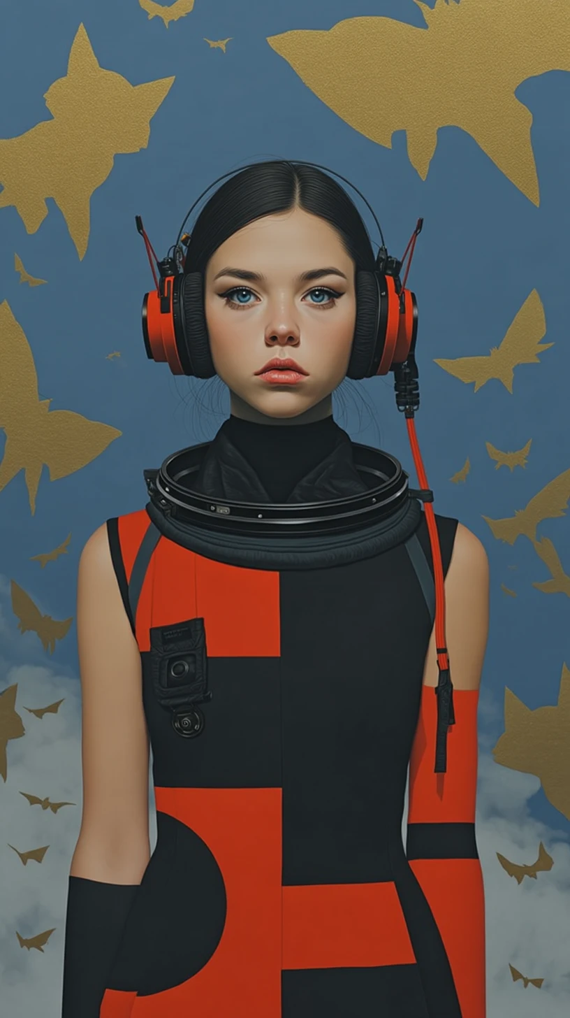 Astronauta feminina de traje preto e vermelho em um mundo alienígena
